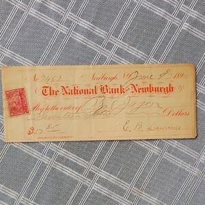 1890 Vintage National Bank of Newburgh Check with Revenue Stamp